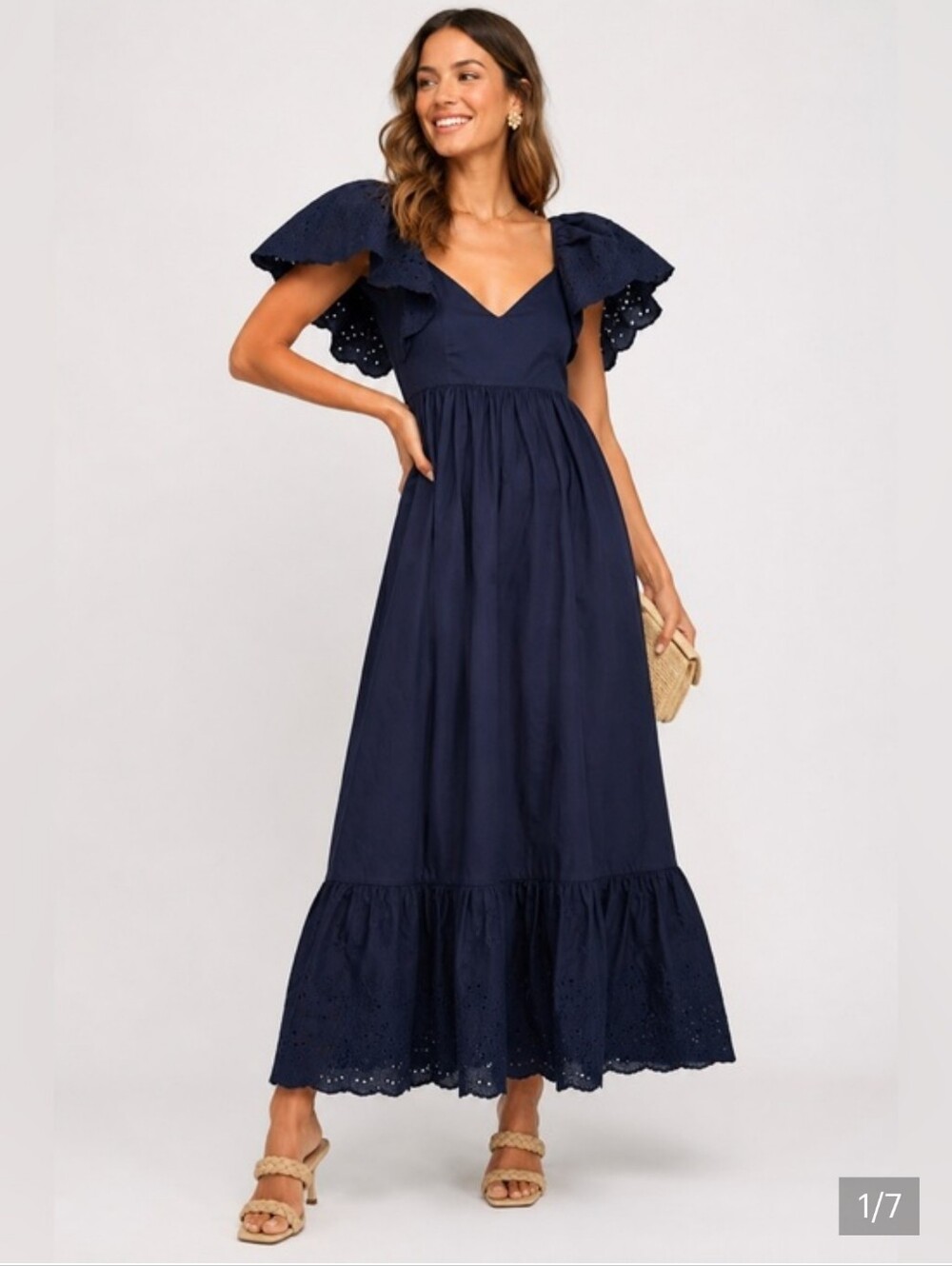 NWT En Saison Barnette Eyelet Flutter Sleeve Maxi Dress Navy Blue